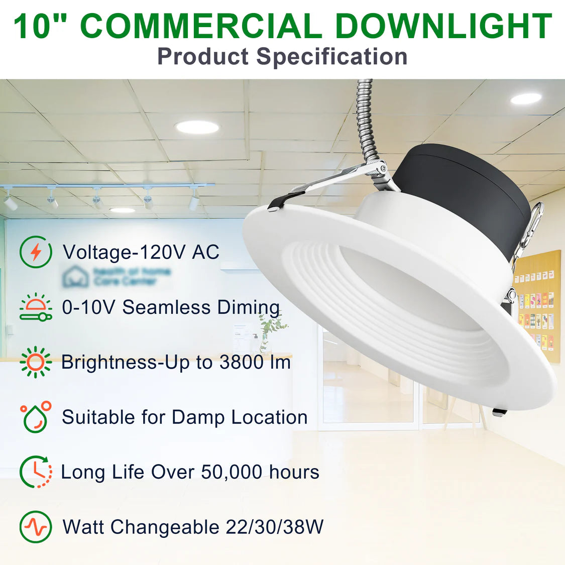 10 Inch Wattage & CCT Selectable LED Commercial Downlight | 10C-22/30/38W-XXK - primeledlight